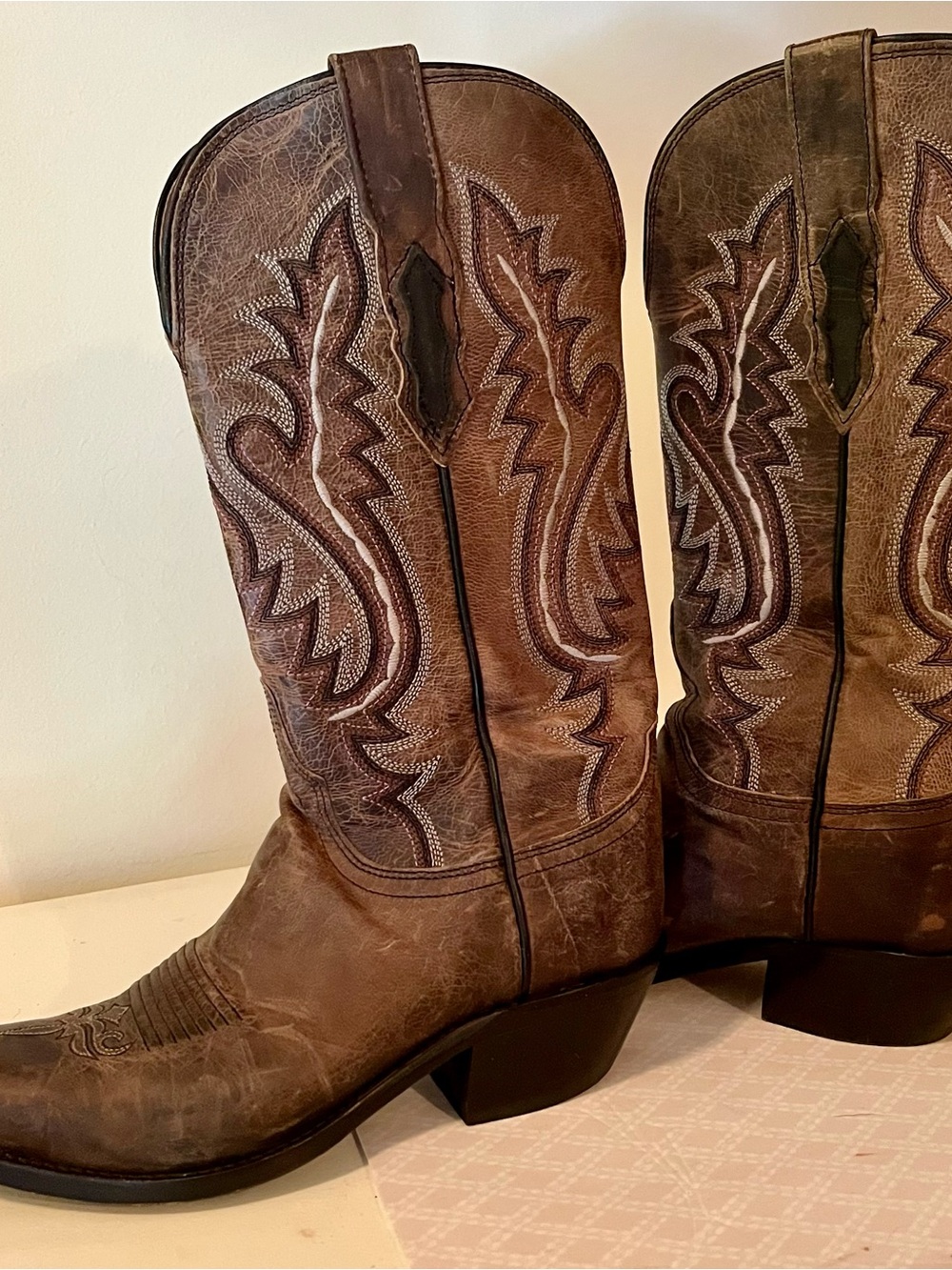 Lucchese Brown Embroidered Leather Western Heeled Boots